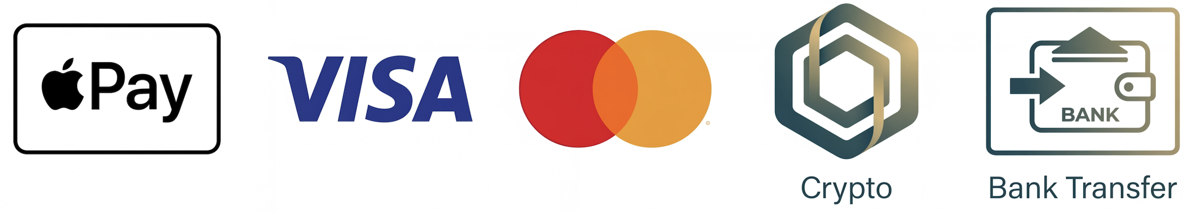 Moyens de paiement acceptes : Apple Pay, Visa, Mastercard, Crypto, Bank Transfer